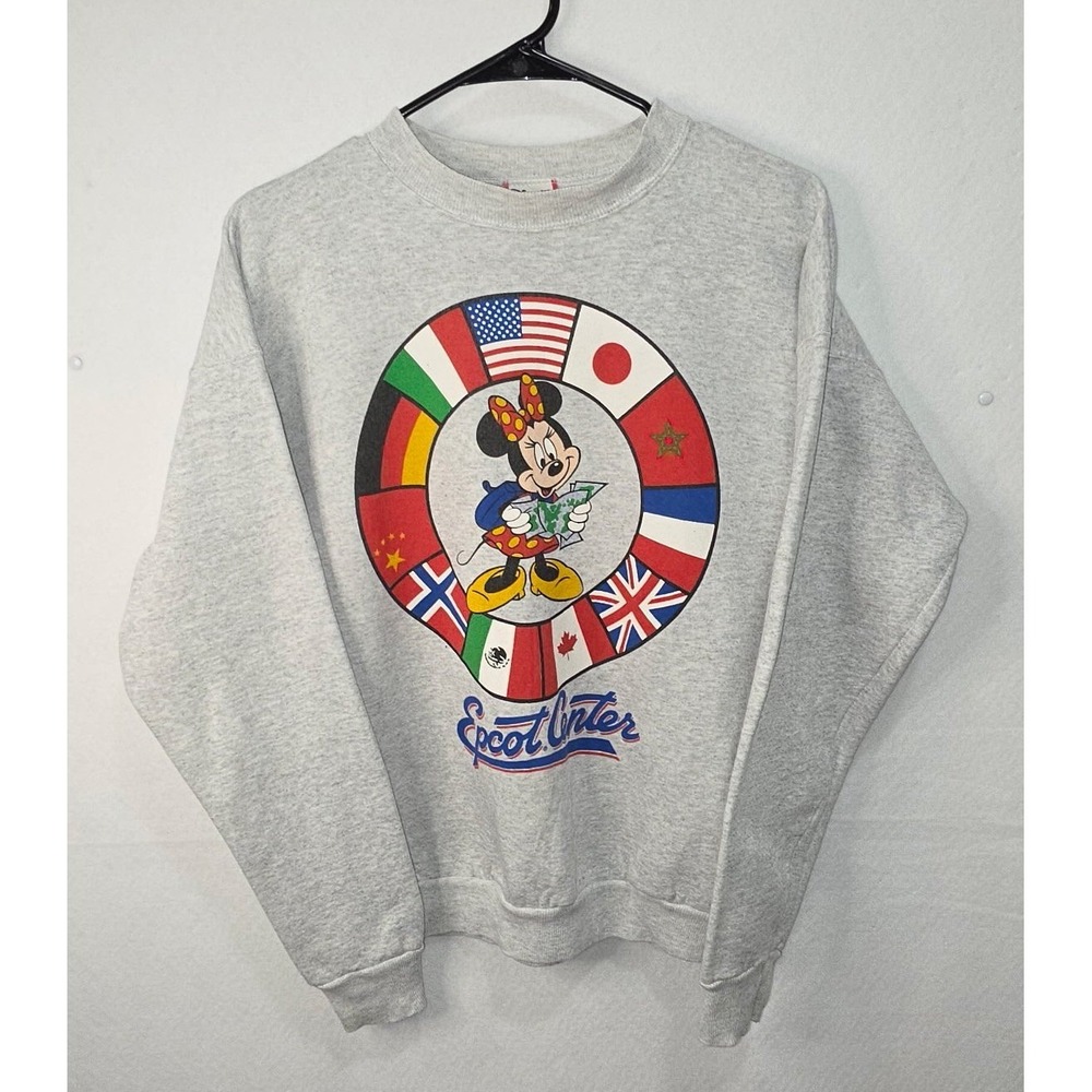 Vintage Disney Designs Epcot Center Minnie Mouse Flags Sweatshirt Gray Large USA